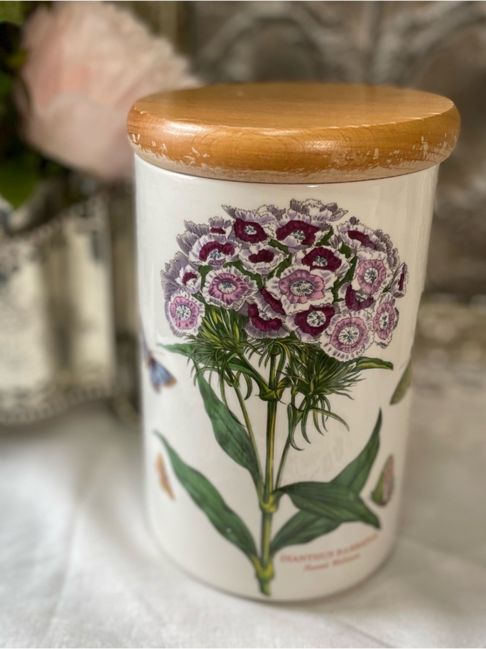 PORTMEIRION sweet William flowers white ceramic canister